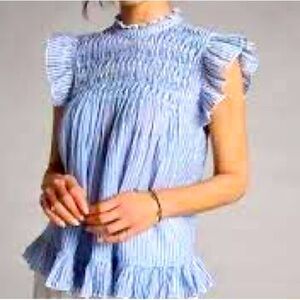Anthropologie Blue White Striped Ruffle Sleeveless Blouse